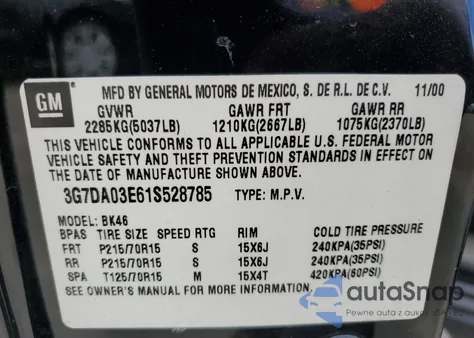 2001 Pontiac Aztek из США, поврежденный, VIN 3G7DA03E61S528785